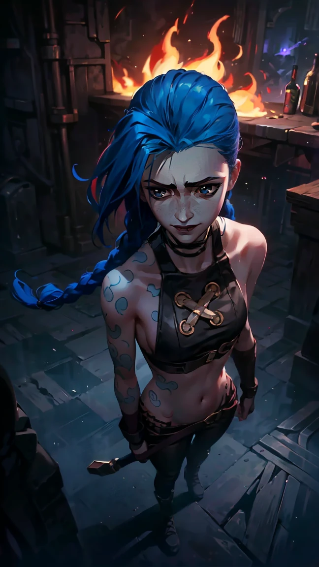 (masterpiece, Best quality), 1 girl, portrait, very sexy, crazy look, smile, crying, pink tears, tears on the cheeks, tears from eyes, full length (full body 1.1.), очень feminine, fighting stance, battle, fire, explosions, burning city, Beautiful waist, gloomy composition, flame, fire, Flash, very beautiful, feminine, long hair, hair braided in long braids, very sexy, tight leather pants, emphasis on the eyes, emphasis on the face, Beautiful face, Hands, Hair, Haired ponytail, red purple eyes, Джинкс crying, Blue cloud tattoo, (masterpiece, Best quality), Side lighting, beautiful detailed eyes, crazy face), (Best quality), (masterpiece), magic photography, Spectacular lighting, Photorealism, ultra detailed, интимная portraitная композиция, 1. 4,8 k UHD, aesthetic, Cd., A high resolution, 8 k, better lighting, Best shade, Ultra-HD, A high resolution, sharp focus, Complex background, Cinematic lighting, ((Landscape view)), 4K block, (better lighting), ((Cinematic lighting)),