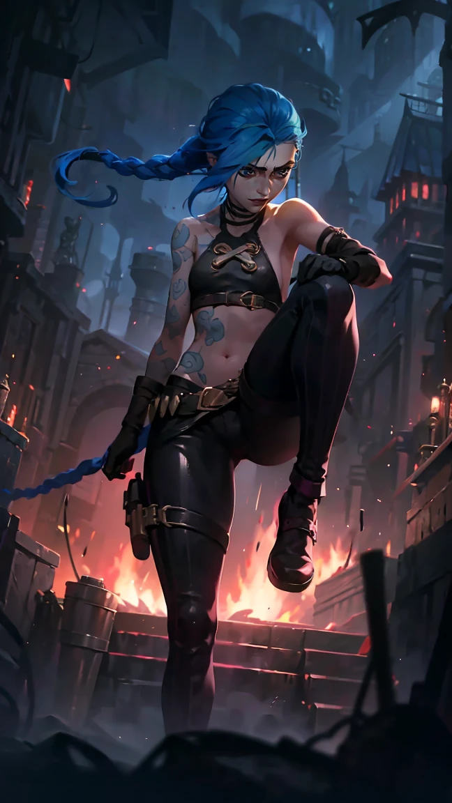 (masterpiece, Best quality), 1 girl, portrait, very sexy, crazy look, smile, crying, pink tears, tears on the cheeks, tears from eyes, full length (full body 1.1.), очень feminine, fighting stance, battle, fire, explosions, burning city, Beautiful waist, gloomy composition, flame, fire, Flash, very beautiful, feminine, long hair, hair braided in long braids, very sexy, tight leather pants, emphasis on the eyes, emphasis on the face, Beautiful face, Hands, Hair, Haired ponytail, red purple eyes, Джинкс crying, Blue cloud tattoo, (masterpiece, Best quality), Side lighting, beautiful detailed eyes, crazy face), (Best quality), (masterpiece), magic photography, Spectacular lighting, Photorealism, ultra detailed, интимная portraitная композиция, 1. 4,8 k UHD, aesthetic, Cd., A high resolution, 8 k, better lighting, Best shade, Ultra-HD, A high resolution, sharp focus, Complex background, Cinematic lighting, ((Landscape view)), 4K block, (better lighting), ((Cinematic lighting)),