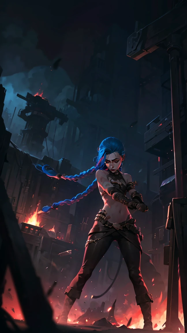 (masterpiece, Best quality), 1 girl, portrait, very sexy, crazy look, smile, crying, pink tears, tears on the cheeks, tears from eyes, full length (full body 1.1.), очень feminine, fighting stance, battle, fire, explosions, burning city, Beautiful waist, gloomy composition, flame, fire, Flash, very beautiful, feminine, long hair, hair braided in long braids, very sexy, tight leather pants, emphasis on the eyes, emphasis on the face, Beautiful face, Hands, Hair, Haired ponytail, red purple eyes, Джинкс crying, Blue cloud tattoo, (masterpiece, Best quality), Side lighting, beautiful detailed eyes, crazy face), (Best quality), (masterpiece), magic photography, Spectacular lighting, Photorealism, ultra detailed, интимная portraitная композиция, 1. 4,8 k UHD, aesthetic, Cd., A high resolution, 8 k, better lighting, Best shade, Ultra-HD, A high resolution, sharp focus, Complex background, Cinematic lighting, ((Landscape view)), 4K block, (better lighting), ((Cinematic lighting)),