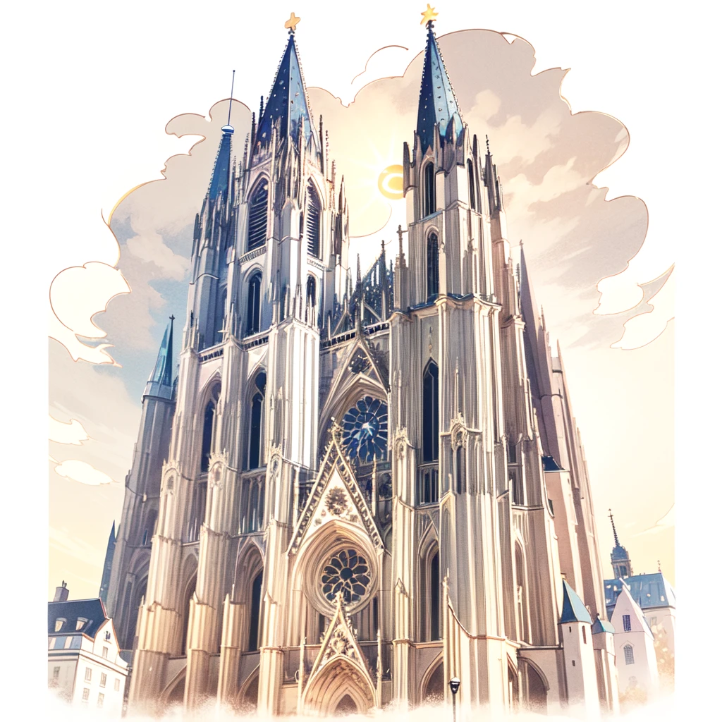 Masterpiece, best quality, very detailed, Cologne Dome, Cologne Cathedral, sun is shining, blue sky on the background with many stars and galaxies