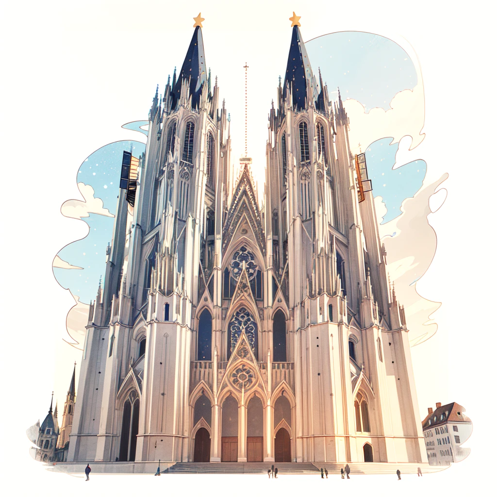 Masterpiece, best quality, very detailed, Cologne Dome, Cologne Cathedral, sun is shining, blue sky on the background with many stars and galaxies