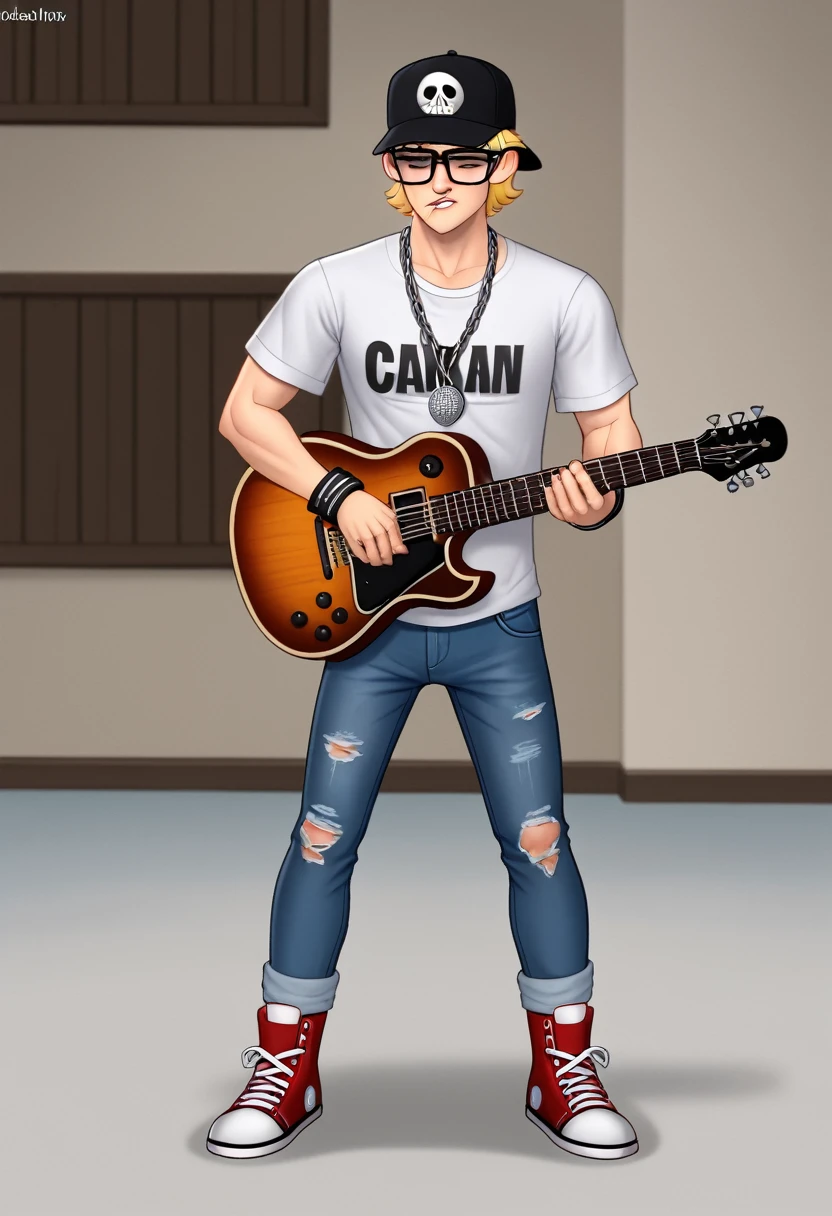 (Base) Justin Bieber, 2015, Calvin Klein photoshoot, blonde hair tousled and slightly damp, looking tired and a little cocky, as if he had just woken up after a party and was ready for new adventures.
Clothing:
Faded white T-shirt, hugging his athletic figure, with rolled-up sleeves.
Black skinny jeans, definitely ripped at the knees.
Worn "Vans" or "Converse" sneakers, a little worn but still stylish.
On his head - a baseball cap with some provocative print or logo, tilted to the side.
Details:
On the neck - a thin silver chain with a pendant in the form of a guitar or a microphone.
On the hands - several bracelets made of leather and metal.
On the fingers - several rings, including one with a skull.
A slight unshaven on his face.
His eyes are a little narrowed, as if he is looking at the world through dark glasses, even if they are not there.
An indispensable attribute is a pack of cigarettes (or a self-rolled cigarette with something more interesting) sticking out of his pocket.
Important!
Emphasis on a rebellious image, but without aggression. Justin as Jimmy is more of a "misunderstood artist" than a "bad boy."