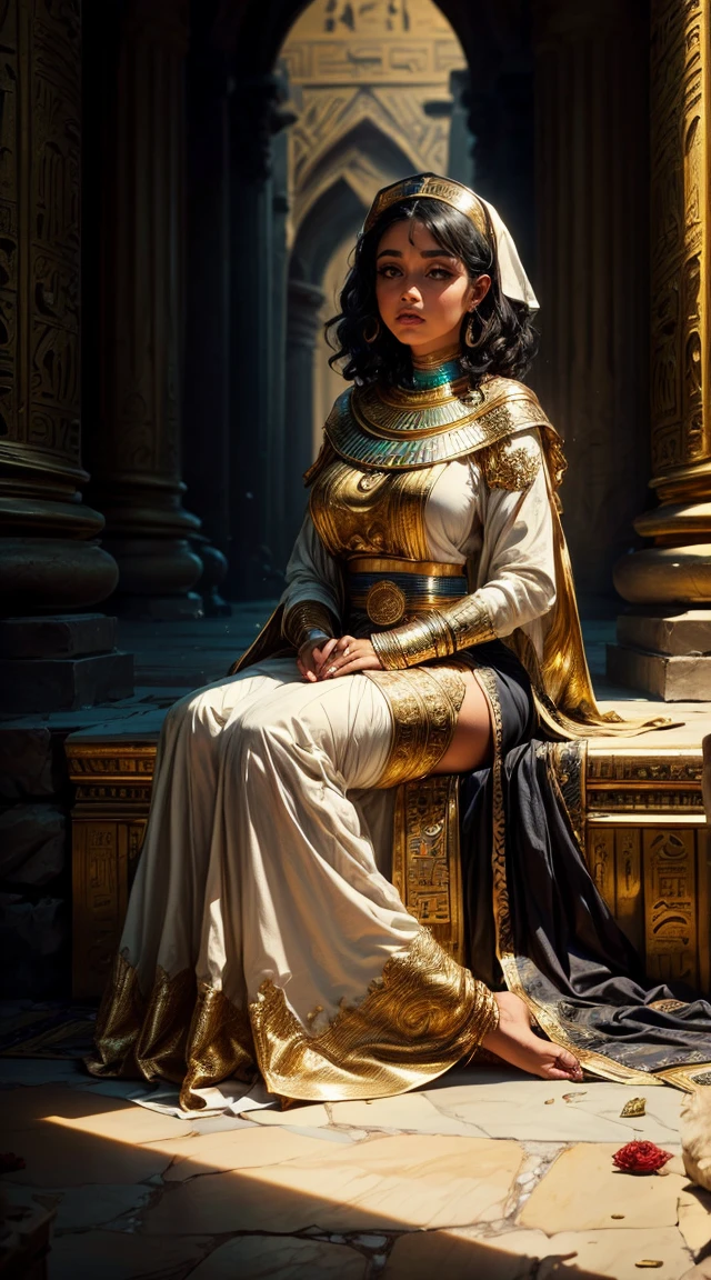 A (( fullbody view)) , side view of a cute 16 yo female black (Brown skin, green eyes, wavy short black hair, dressed as mummy. Surprised, ((She is waking up from a
gold decorated altar ) inside a Egyptian palace. A couple of priests are at her feet worshiping her. in epic fantasy style), obra de arte oficial, escote expuesto Calidad superior, muchos detalles, Enfoque Puri Nítido y realista