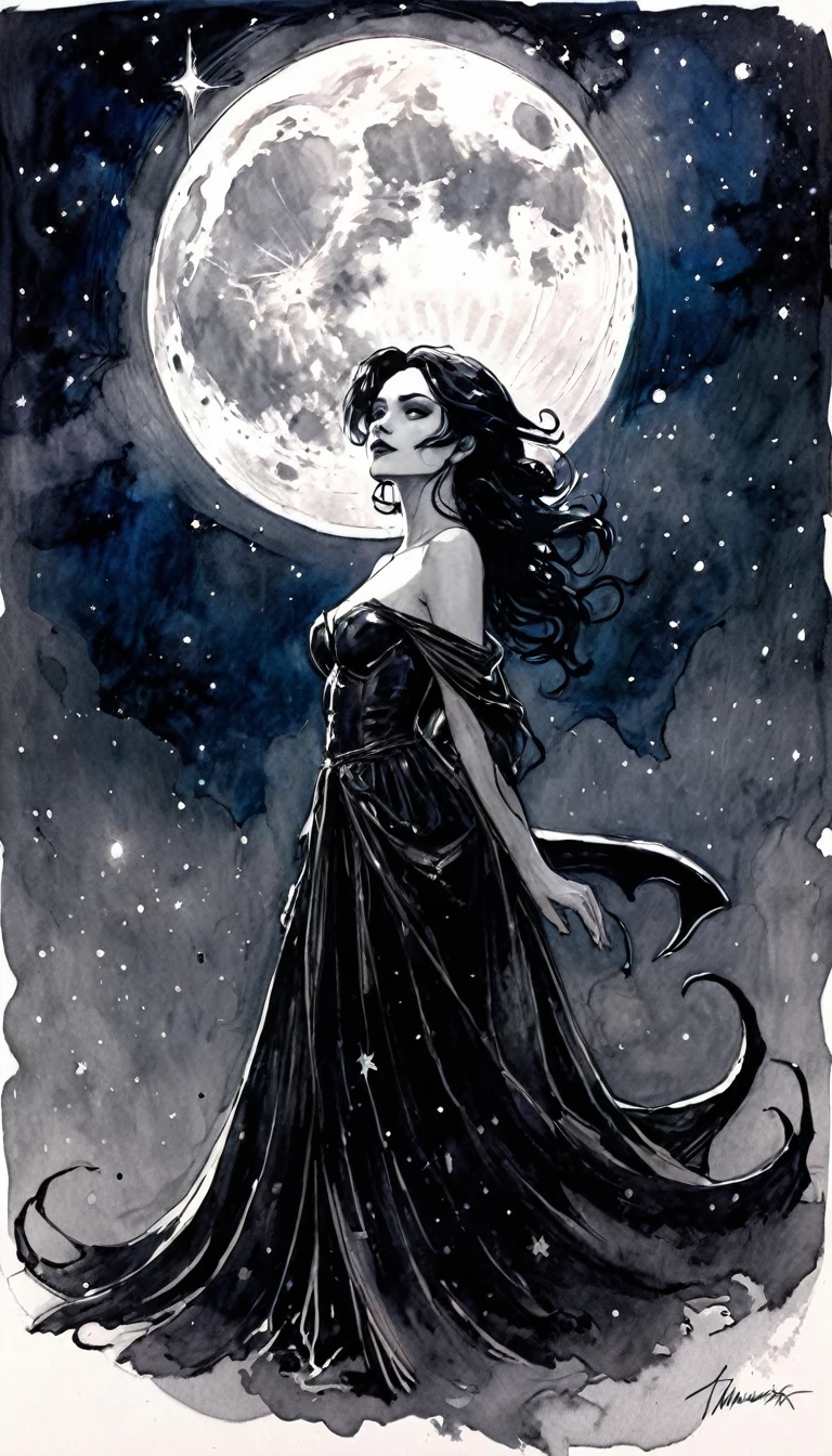 some sexy, dark, queen of hell, loneliness, magic, magic, fantastic, night sky, moon, stars, background, , tmari, sketch, traditional media, pen drawing, white background (art inspired by Bill Sienkiewicz). oil painting)
