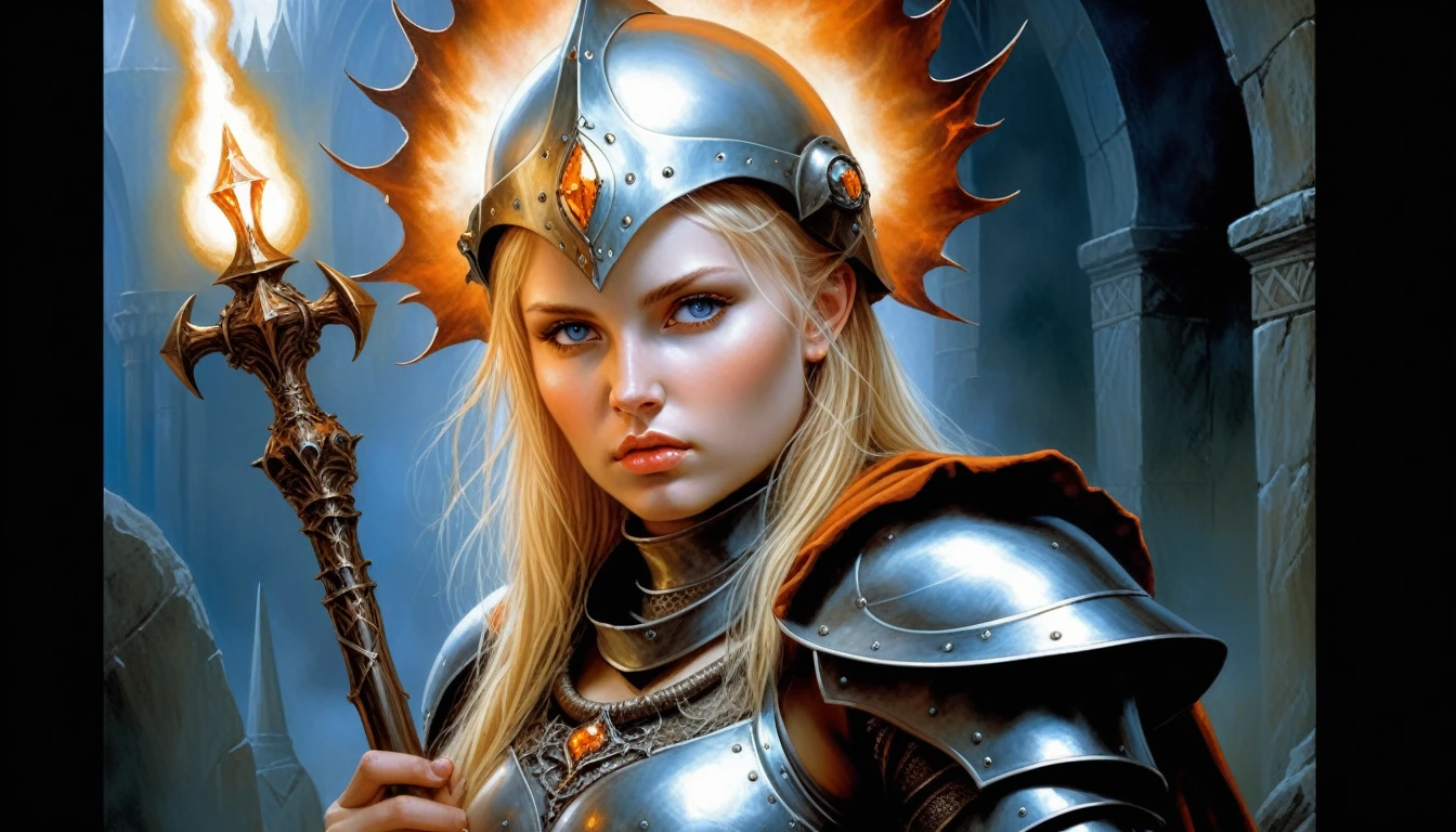 Highly detailed, UHD, 32k, medieval fantasy, Luis Royo style, heavy metal magazine cover, oil on canvas. a 21 years old blond human female chubby villager, she is not beautiful, her face is dull and plain, she is clad in a bluish metal shining plate armor, on her head she is wearing a blackish metal helmet with orange accents, and in her right hand she is holding a magical staff. At the top of the staff there is a magical crystal that emits flames. Behind her is the army of her kingdom, ready for battle