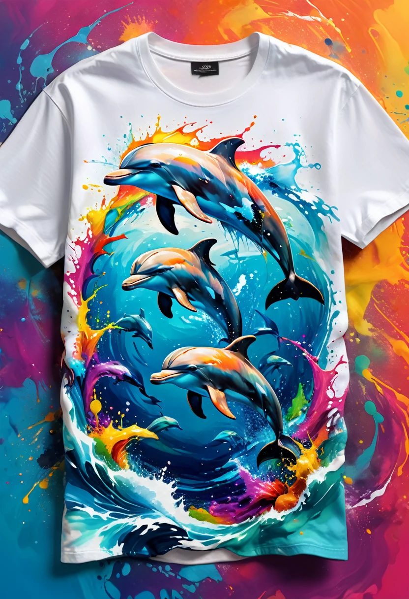 A t-shirt with a colorful illustration of dolphins in the middle of the sea, At the center, swirly vibrant colors, paint splashes and smears, ultra details, 32K Quality,Remove background image
(artwork, best quality, proffesional, perfect composition, very aesthetic, absurdrez, super verbose, Intricate details:1.3)