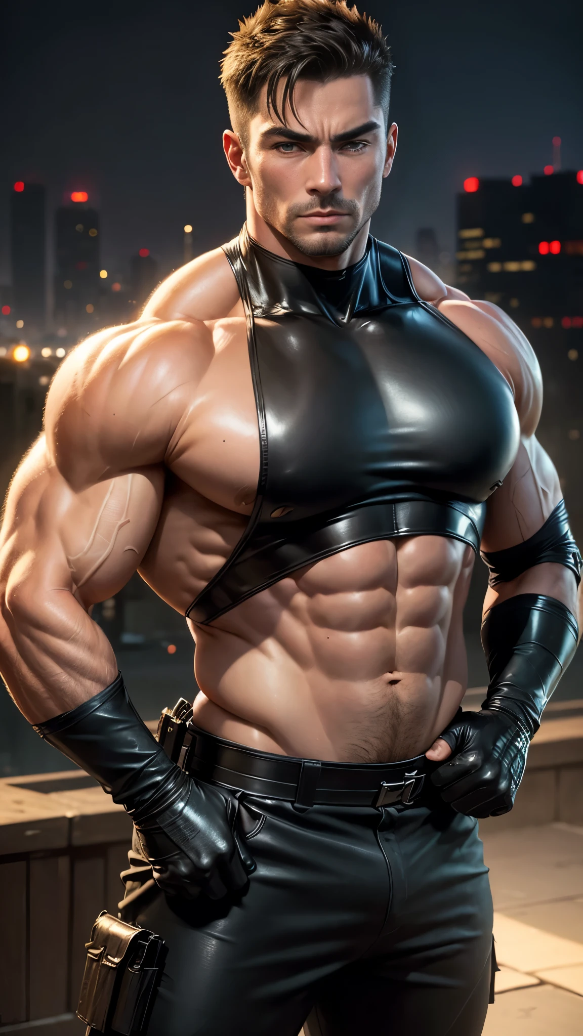 ((realistic: 1.5)),((best quality)), ((masterpiece)),((detailed)), male ninja, Vigilante, Caucasian American, handsome, photorealistic face,short hair, attack position, ninja vigilante tactical superhero outfit, katana on the back,wearing shiny black leather tank top, leather gloves, just outside of the city with evening cityscape in the background, huge biceps, huge muscles, muscular big body,