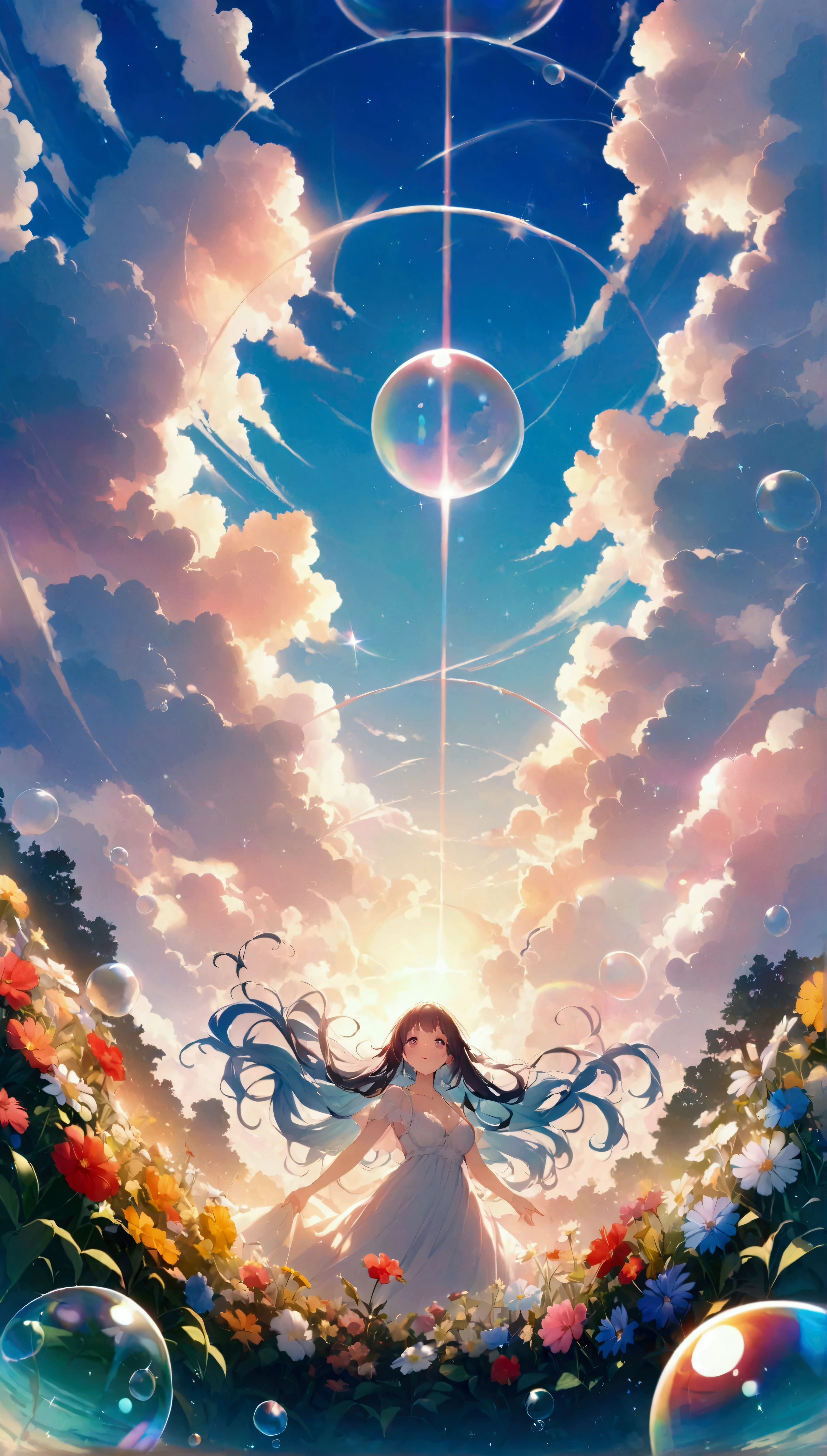 JK,Flowing Hair,Beautiful sky, Beautiful Clouds, summer,Colorful flowers, (Transparent bubbles sparkle in the sky), masterpiece,High resolution,Wide-angle lens