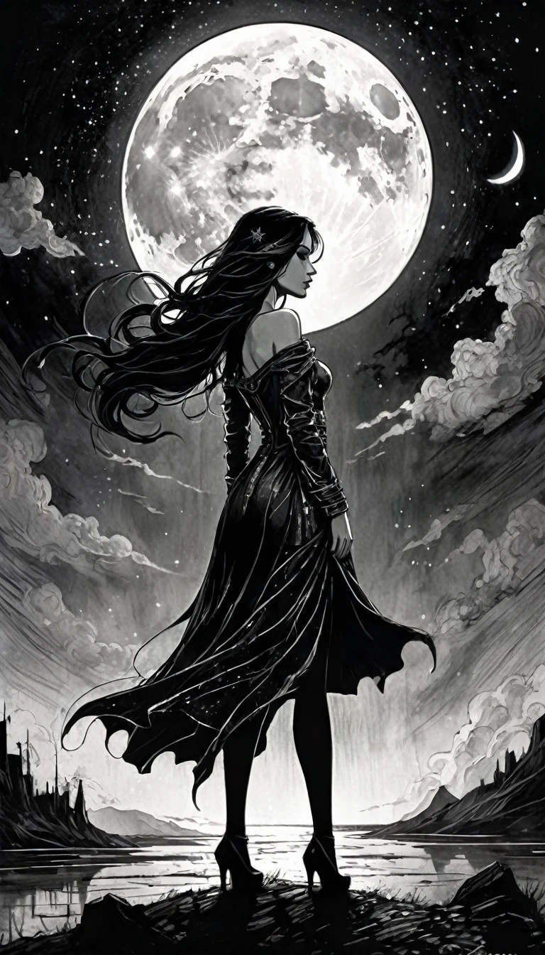 some sexy, dark, queen of hell, loneliness, magic, magic, fantastic, night sky, moon, stars, background, , tmari, sketch, traditional media, pen drawing, white background chiaroscuro, sensual, dramatic lighting, moody atmosphere, photorealistic, intricate details, masterpiece, ultra-detailed, high quality, 8k, best quality, realistic, cinematic, dark and brooding, expressionistic, powerful composition, emotional impact, Bill Sienkiewicz inspired art
