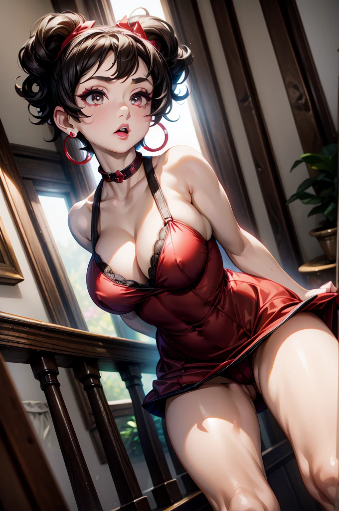 (8K HDR photorealistic pic), Betty Boop, short, althetic, curvy lady, ((tight little red dress)), dark eyebrows, black lipstick, (hoop earrings), dark eyeshadow, black lipstick, curvy, busty, (curly short black hair), shortstack, (retroussé breasts), darling figure, (supple pouting breasts), firm thighs, hourglass figure, kerchief, big brown eyes, dancing seductively