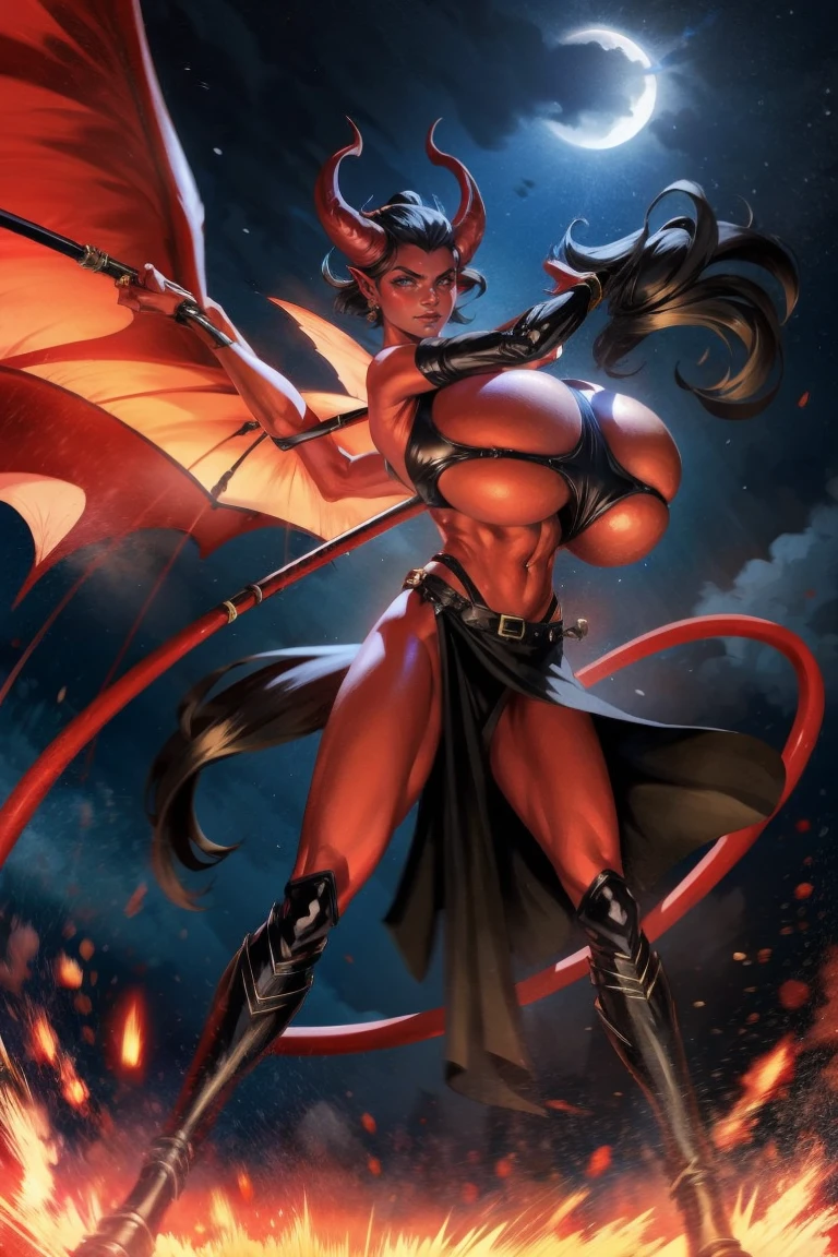 Red skin succubus tiefling, digitigrade legs, full breasts, huge breasts, black horns, wings, huge tail, black leather, crop top, long flowing pelvic curtain, tall, athletic, graceful, thin, long black ponytail. Action scene, whip. Dark scene, explosions, night sky.