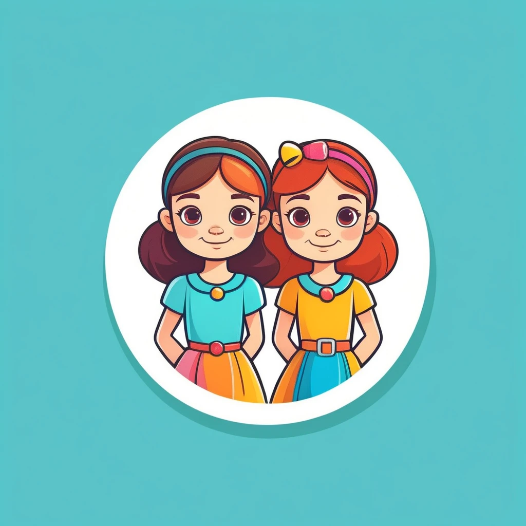 Cartoon Logo of two kid sisters, crafts, jewelry, modern, colorful. Pixar style. 