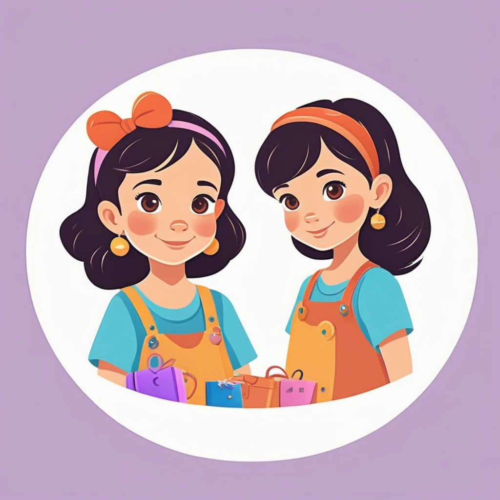 Cartoon Logo of two kid sisters, crafts, jewelry, modern, colorful. Pixar style. 