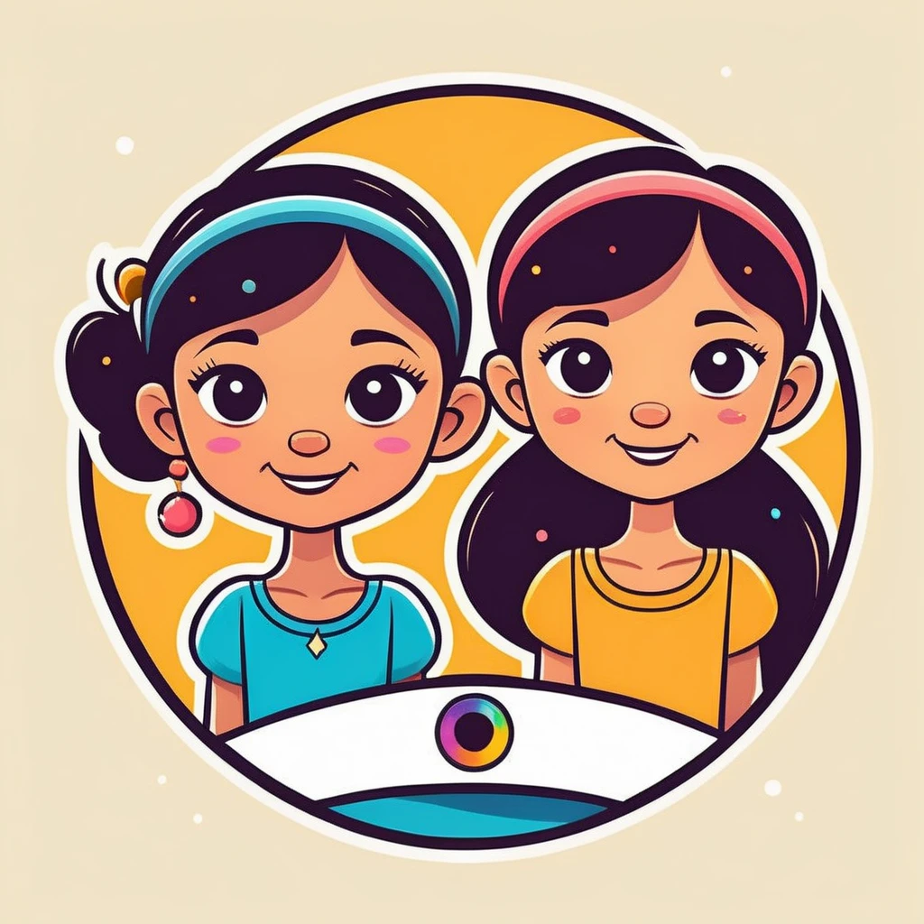 Cartoon Logo of two kid sisters, crafts, jewelry, modern, colorful. Pixar style.