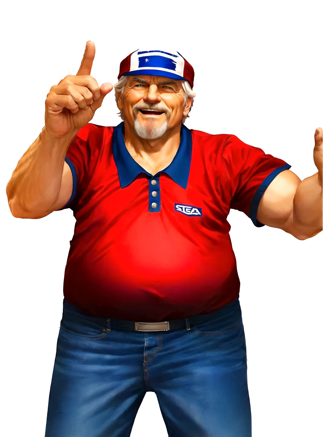a close up of a man in his 60s wearing a red shirt and blue jeans, rising index finger, as a character in tekken, beefy, realistic textures, jeff bridges with a goatee, best friend opening the mouth as to say "eureka!", happy, Out Run 2 flagman, 2 k, 2k, muscular bernie sanders, buff man, character from king of fighters, robust stocky body, hide the pain harold, name of character is flagman, wise face, pointing at the sky with his INDEX finger, his cap has a SEGA logo on it, (short GREY hair)
