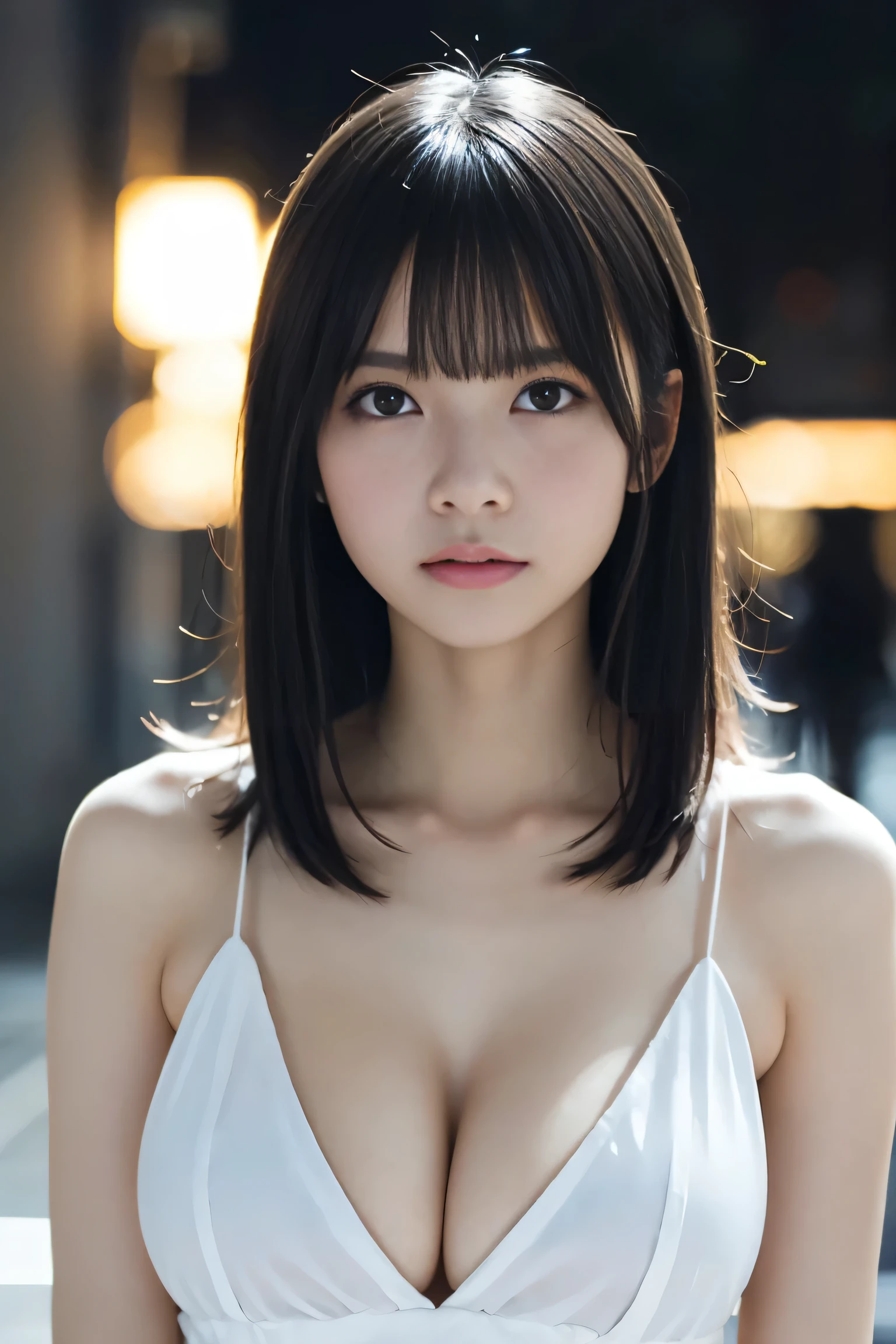 Random Pause, Mix 4, (8K, RAW Photos, Highest quality, masterpiece: 1.45), (Realistic, photoRealistic: 1.37), one girl, cute, Cityscape, night, rain, wet, Professional Lighting, Photon Mapping, Radio City, Physically Based Rendering, Gradient black hair, Gray Hair, Short Curly Hair, good looking, girl, Deep V-neck slip dress, Pale skin, best quality photos, High resolution, 1080P, (Clear Face), (Detailed face description), (Detailed hand description), (masterpiece), (Exquisite CGI), Extreme light and shadow, Disheveled Hair, masterpiece, Rich details, (Beautiful Faces), (best quality photos), (masterpiece), (Fine grain), Look in front of you, Thin clavicle, (Large Breasts:1.4),