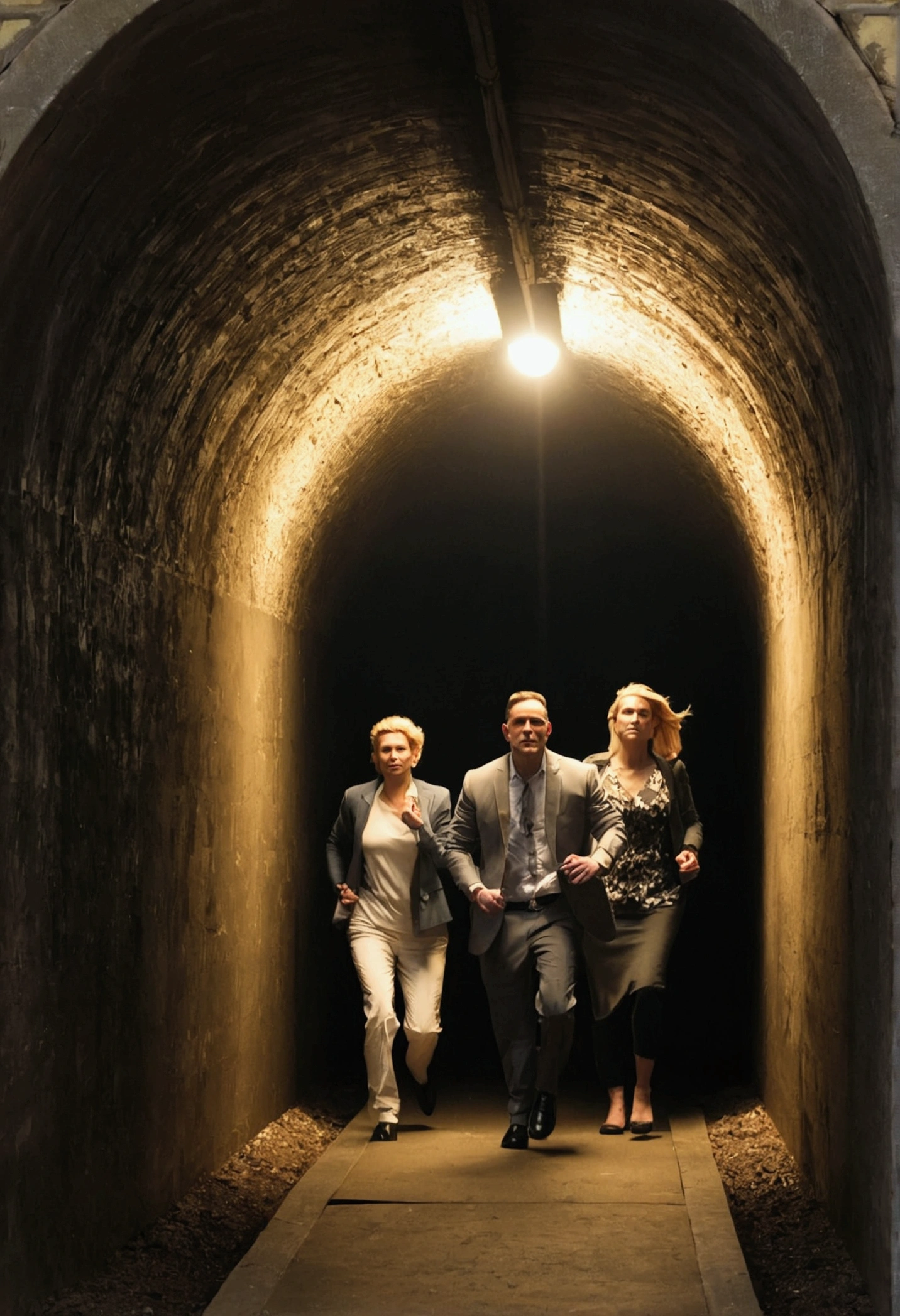 2 men and 2 women going down a narrow tunnel