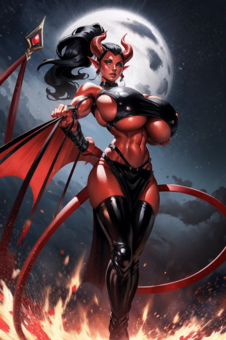 Red skin succubus tiefling, digitigrade legs, full breasts, huge breasts, black horns, wings, huge tail, black leather, crop top, long flowing pelvic curtain, tall, toned, graceful, thin, long black ponytail. Action scene, whip. Dark scene, explosions, night sky.