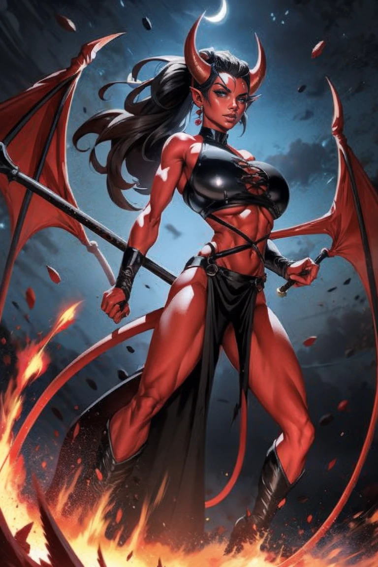 Red skin succubus tiefling, digitigrade legs, full breasts, huge breasts, black horns, wings, huge tail, black leather, crop top, long flowing pelvic curtain, tall, toned, graceful, thin, long black ponytail. Action scene, whip. Dark scene, explosions, night sky.