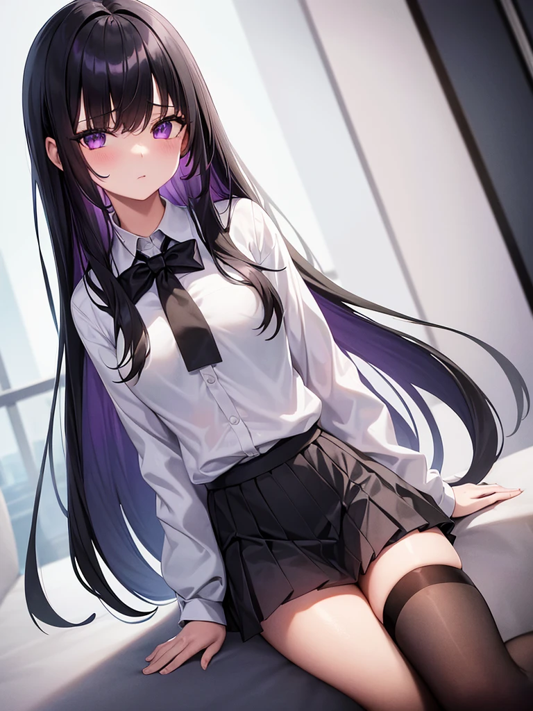 1girl, long black hair, purple eyes, wearing a white shirt with black sleeves, blue school girl skirt, thigh high socks, city, absurdres, high res, ultrasharp, 8K, masterpiece, looking at viewer