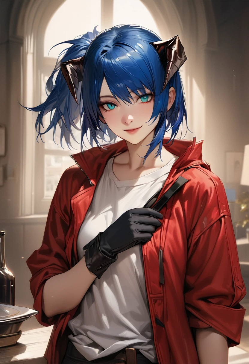 (woman), ((Mostima from arknights)), masterpiece, best quality, blue hair, ((short hair)), ((pony tail hair)), horns, plain white shirt, red fullbody coat, dark blue eyes, realistic anime style, smile, portrait, black gloves.