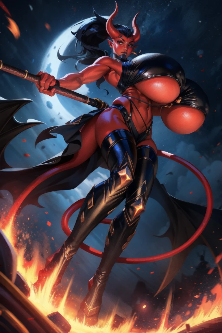 Red skin succubus tiefling, digitigrade legs, full breasts, gigantic breasts, black horns, wings, huge tail, black leather, crop top, long flowing pelvic curtain, tall, athletic, graceful, thin, long black ponytail. Action scene, whip. Dark scene, explosions, night sky.