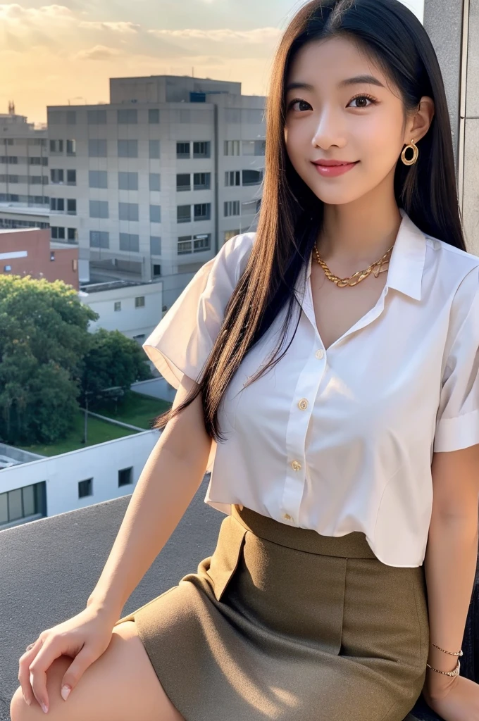 Rooftop of university building, 4th  university student, ((full body)), ((photo)), ((best qualtiy, 8K, tmasterpiece:1.3)), Focus:1.2, perfect figure beautiful girl:1.4, 1girl, cowboy shot, look at viewer, eyes facing the camera, incredibly absurd, beautiful and cute girl with a photorealistic face, showcasing top-quality craftsmanship, A Japanese girl watching the sunset on the roof of a university building, 19 years old, long, straight, silky black hair, fair skin, big eyes, thin eyebrows, double eyelids, long eyelashes, pink lips, smile, devilish smile, gorgeous features, well-defined facial features, beautiful face line, mysterious beauty, slender, tall, well-balanced proportions, large E-cup breasts, white shirt, tight black skirt, beige pumps, gold necklace and bracelet, small earrings, elegant ring, pretty girl, beauty, devilish type, pretty older sister, passionate about art, sociable, friendly, positive, has leadership skills, is proactive, is flexible, gets things done efficiently, works hard towards dreams and goals, March