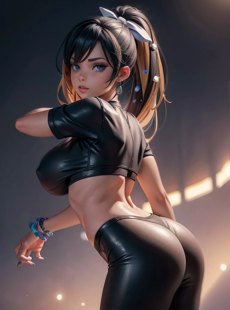 A woman wearing a short t-shirt, tight leggings, looking back, perfect large breasts, hyper realistic, 8k, intricate details, cinematic lighting, beautiful detailed eyes, beautiful detailed lips, extremely detailed face and body, long eyelashes, volumetric lighting, photorealistic, masterpiece, digital art, fantasy, vibrant colors, dramatic lighting