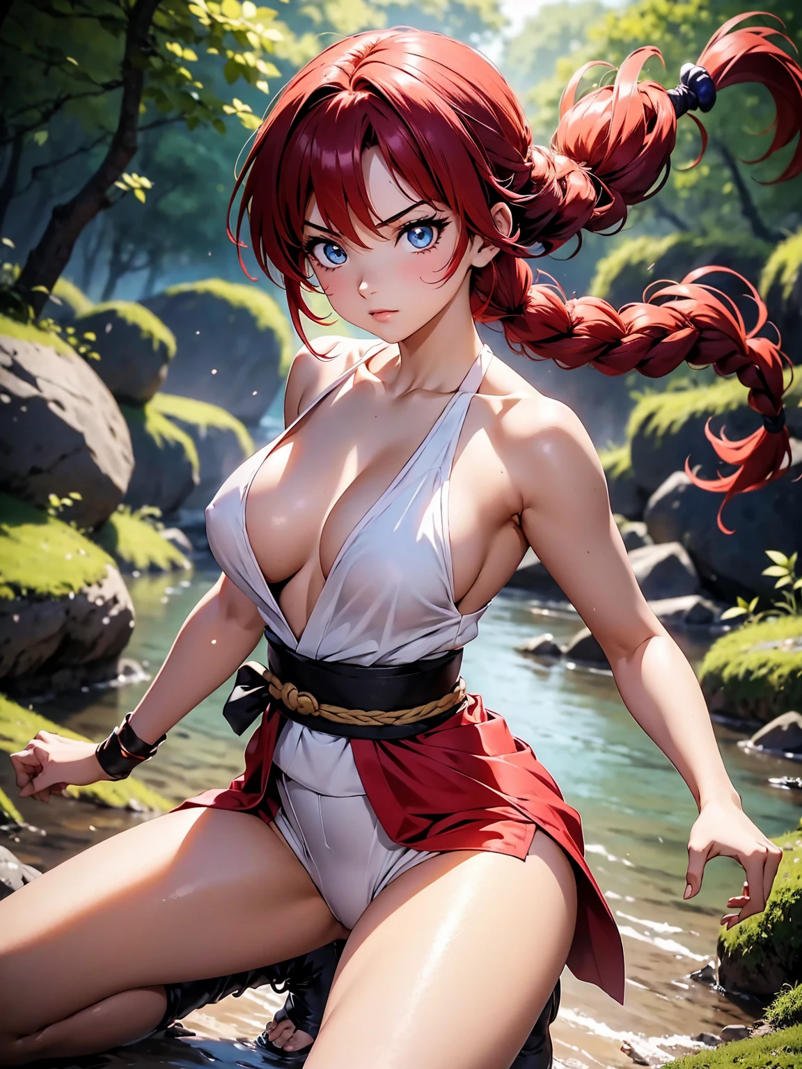 Garota anime sexly com cabelo ruivo com trança curta com kimono de luta vermelho e faixa na testa estilo naruto, 15year old, fluffy body, fluffy breasts, pose de luata, combat stance, garota sexly, red hair and braid, locks of hair on the side of the face, beautiful lighting, softshadows, blue colored eyes, pretty legs, legs spread open, short-hair, anime styling, ranma chan, Autora Rumiko Takahashi, Based on a work by Rumiko Takahashi, Anime Ranma 1/ 2, sexly, robust hip, fully body, busto sexly, young man with beautiful and beautiful body, boots on feet, garota de 15year old jovem baixa estatura, wearing martial arts kimono and headband over forehead, anime girl, anime styling, plein-air, postura sexly, body in fighting stance, eyes large