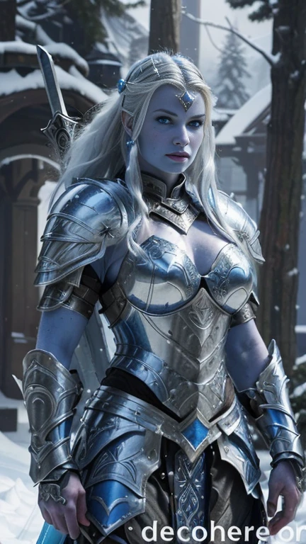 a old mature blue-skinned woman with a sword and armor standing in the snow, blue-skinned female warrior, female armor, warrior outfit, a older blonde warrior, armor girl, armor female knight, beautiful female warrior, valkyrie style character, stunning armor, fantasy armor, beautiful armor, mature older female knight, very stylish fantasy armor, muscular warrior women, warrior girl, fantasy warrior, gorgeous female paladin, angry face ready to fight