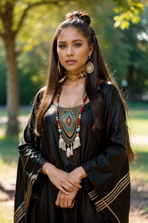 Hermosa woman standing next to a tree in a black and blank photo, traditional beauty, tribal clothing, a young shaman, wearing an elegant tribal outfit, b&in photo, wearing a native american choker, wearing tribal armor, wearing authentic clothes, beautiful étnica woman, young woman from the mapuche territory, she is dressed in shaman clothes, native american, black & blank photo