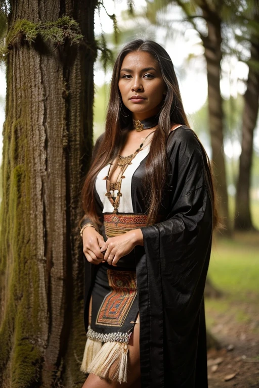 Hermosa woman standing next to a tree in a black and blank photo, traditional beauty, tribal clothing, a young shaman, wearing an elegant tribal outfit, b&in photo, wearing a native american choker, wearing tribal armor, wearing authentic clothes, beautiful étnica woman, young woman from the mapuche territory, she is dressed in shaman clothes, native american, black & blank photo