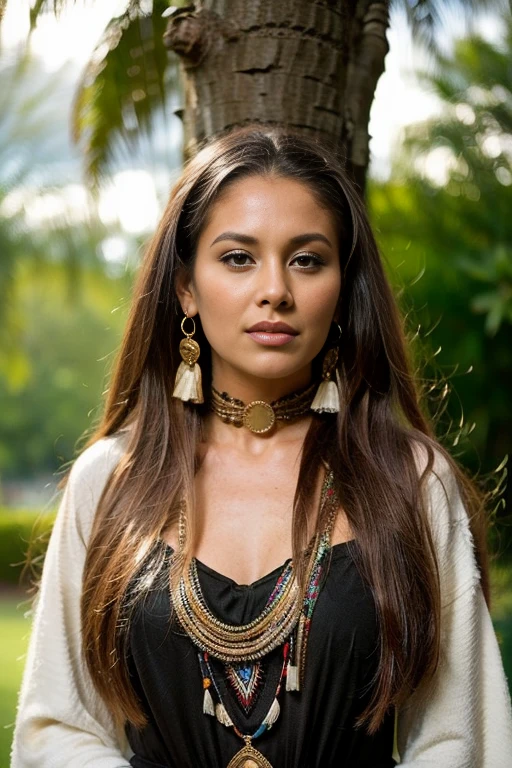 Hermosa woman standing next to a tree in a black and blank photo, traditional beauty, tribal clothing, a young shaman, wearing an elegant tribal outfit, b&in photo, wearing a native american choker, wearing tribal armor, wearing authentic clothes, beautiful étnica woman, young woman from the mapuche territory, she is dressed in shaman clothes, native american, black & blank photo