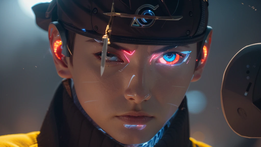 (dramatic, Grainy, intense:1.4),masterpiece, Highest quality, 8K, 非常識なdetailed, Intricate details, hyperdetailed, super high quality, High detail, ultra detailed, masterpiece,Upper Body, close,(Imide Shot,Macro photography:1.25),(Red eyes:1.5),(Gray Hair:1.2),One Man, Holographic Reality, Holographic Halo, Motion Blur, Game light effect, Rim Light, Soft Light, movie Rim Light, Delicate Light, Cyberpunk Style, Studio Lighting,Artistic Rendering Style,Bright colors, Full Body Shot, 3D Artist, detailed, Futuristic, lightning,Real,髪の毛のdetailed, bolt, Yellow Hair, detailedな目, detailedな鼻, Realistic, black eye, Realistic, detailed black eye, blue eyes, Put on a ninja headband, One eye is injured,