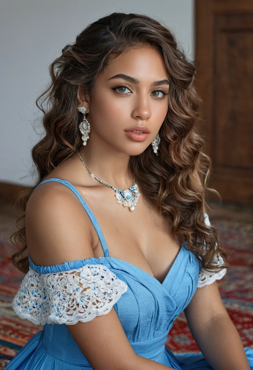 a beautiful mixed girl, long wavy hair, beautiful detailed eyes, Turn your head to the side ,beautiful detailed lips, creating shell jewelry on a wooden, extremely detailed and sexy body, sit on a wooden carpet, simple blue dress, best quality, 4k, 8k, highres, masterpiece:1.2, ultra-detailed, fond blanc, realistic, photorealistic, photo-realistic:1.37, portrait, landscape