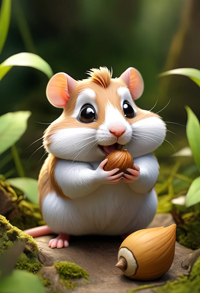 A guarded hamster with a nut shell in his hand as a guard, without any shoes or cloths, there is nothing and nobody in the scene except the hen, the environment is a jungle, the hamster is completely brown.