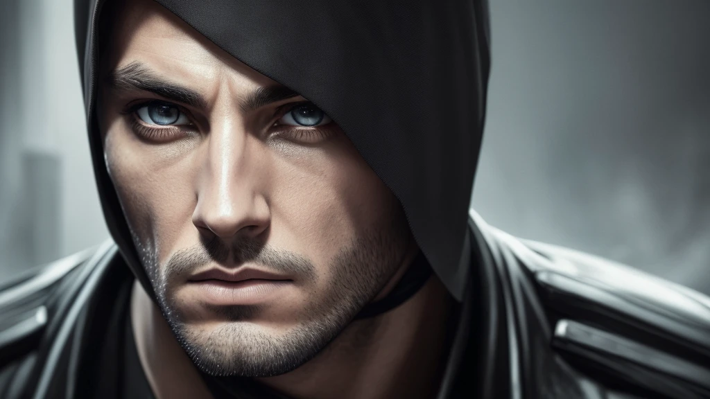 a highly detailed portrait of an assassin in a black suit, beautiful detailed eyes, beautiful detailed lips, extremely detailed eyes and face, long eyelashes, intense gaze, serious expression, assassin, man, black suit, dark background, moody lighting, cinematic, dramatic, high contrast, ultra-detailed, 8k, photorealistic, masterpiece, professional