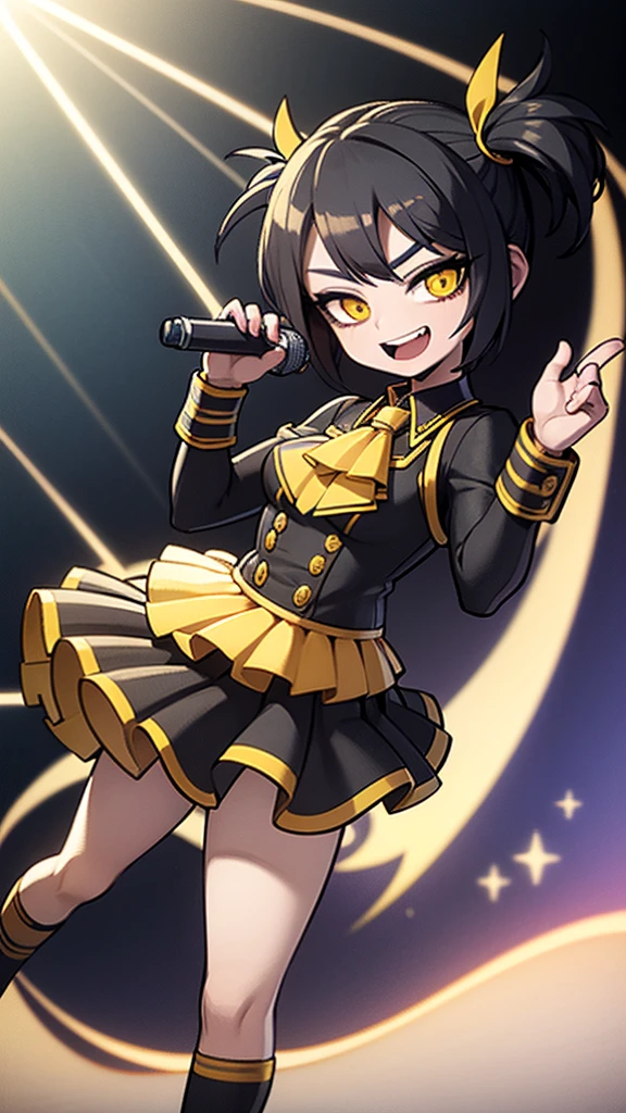 Adolescent, short black hair, yellow eyes, perfect body, very beautiful, Boku no hero academy,Aidol's Clothing, hand with five fingers, in front of a microphone about to sing, Inspired by hatsune miku