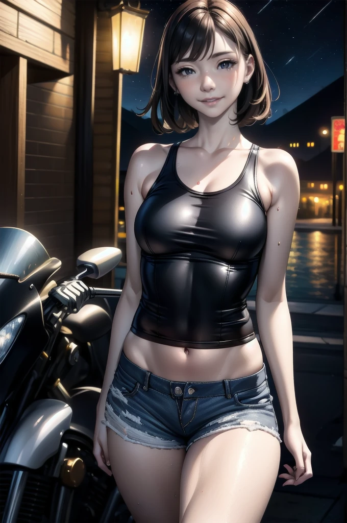 (cowboy shot), (Perfect Anatomy, top-quality, The ultra -The high-definition、high resolution、extremely details CG、8K Unit Wallpapers), mature 26-year-old, solo, Beautiful detailed eyes, black hair, short bob hair, blunt bang, (small breasts, slender body, athletic), gleaming skin, oily skin,( punk fashion, leather jacket, tank top、micro shorts), (drive a motorcycle,Harley-Davidson), on road at night, Starry Sky with Mountains and Lake, Jessica Rossier, Inspired by Jessica Rossier, Jessica Rossier Fantasy Art, Concept Art Magic Highlights, Official Artwork, Dream Painting, Ethereal Realm, Atmospheric artwork, dreamy matte paintings, serene endless stars inspired by Ted Nasmith, moonlit starry environments, epic music album covers.