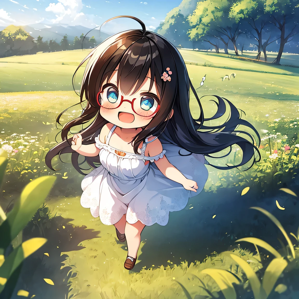 ((masterpiece)), ((best quality)), (ultra-detailed), ((kawaii)), cute, (lovely), illustration, anime style, (chibi:1.2), white sundress, (beautiful eyes), beautiful black hair, (long hair), slim, slender, glasses, medium breast, (forest), outdoor, (running around in the fields:1.3), (open mouth:1.2), (spoken musical note), Looks like a lot of fun, looking very healthy, Full of vitality.