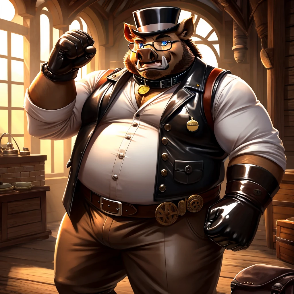 Solo, Male, fat, extremely obese, gentleman, dapper Professor Boar, blue eyes, (posing:1.3), (soft shading), 4k, hi res, ((detailed face, detailed)), looking at viewer, mouth wide open, steampunk, collared shirt with buttons, top hat, male focus, Explorer Outfit, glasses, monocle, bag, vest with buttons, backpack, sleeves rolled up, round eyewear, brown headwear, brown vest, Boar is wearing a glossy leather dog collar around the neck, Boar is wearing the leather collar and shirt and vest at the same time, Boar is wearing glossy white rubber gloves on the hands, wearing white rubber gloves on the feet, gloves are rubber in texture, clenching teeth, clenching fists, leather collar is glossy and shiny with a lot of detail, Boar is wearing gloves and leather collar at the same time, leather collar has a round dog-tag, leather collar is thick and detailed.