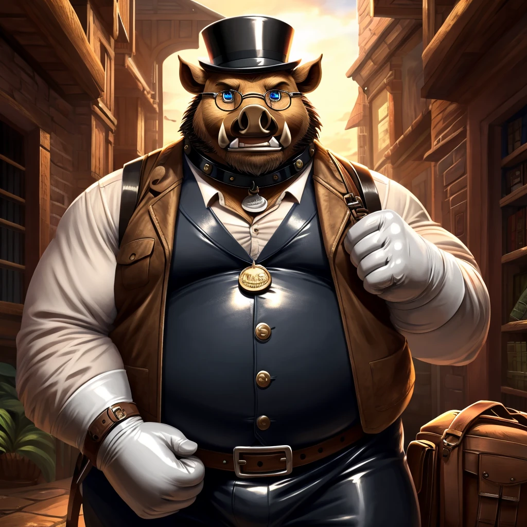 Solo, Male, fat, extremely obese, gentleman, dapper Professor Boar, blue eyes, (posing:1.3), (soft shading), 4k, hi res, ((detailed face, detailed)), looking at viewer, mouth wide open, steampunk, collared shirt with buttons, top hat, male focus, Explorer Outfit, glasses, monocle, bag, vest with buttons, backpack, sleeves rolled up, round eyewear, brown headwear, brown vest, Boar is wearing a glossy leather dog collar around the neck, Boar is wearing the leather collar and shirt and vest at the same time, Boar is wearing glossy white rubber gloves on the hands, wearing white rubber gloves on the feet, gloves are rubber in texture, clenching teeth, clenching fists, leather collar is glossy and shiny with a lot of detail, Boar is wearing gloves and leather collar at the same time, leather collar has a round dog-tag, leather collar is thick and detailed.