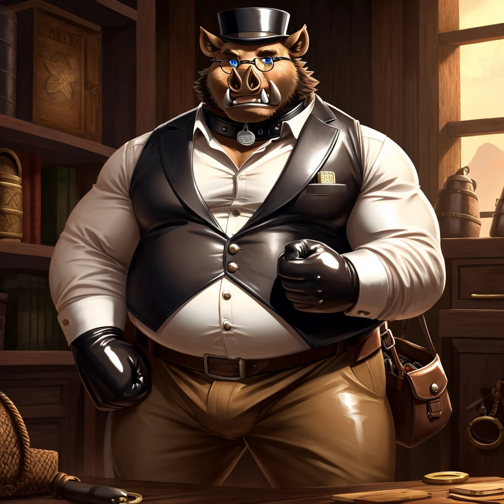 Solo, Male, fat, extremely obese, gentleman, dapper Professor Boar, blue eyes, (posing:1.3), (soft shading), 4k, hi res, ((detailed face, detailed)), looking at viewer, mouth wide open, steampunk, collared shirt with buttons, top hat, male focus, Explorer Outfit, glasses, monocle, bag, vest with buttons, backpack, sleeves rolled up, round eyewear, brown headwear, brown vest, Boar is wearing a glossy leather dog collar around the neck, Boar is wearing the leather collar and shirt and vest at the same time, Boar is wearing glossy white rubber gloves on the hands, wearing white rubber gloves on the feet, gloves are rubber in texture, clenching teeth, clenching fists, leather collar is glossy and shiny with a lot of detail, Boar is wearing gloves and leather collar at the same time, leather collar has a round dog-tag, leather collar is thick and detailed.