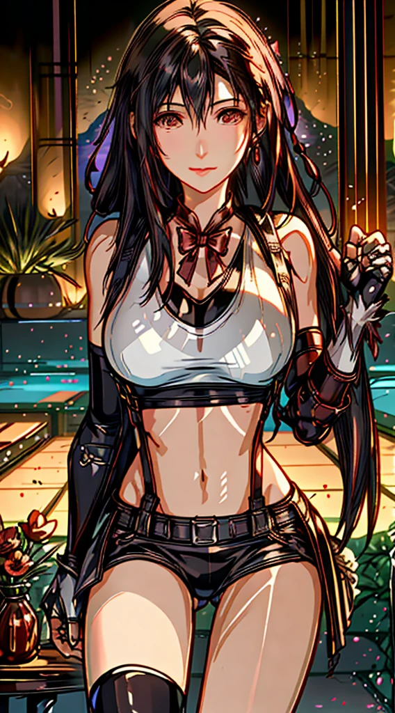 (8ｋ、highest quality、MASTERPIECE:1.2)、(photorealistic:1.3)、Super Detailed、girl 1 person、mature、solo、(Tifa Lockheart)、(big chest)、(((huge lift clothes to show bra)))、(((black bra)))、(beautiful eyes)、(smiling:1.2)、(Closed)、erotic pose、dance、neons、street scenery、Depth Of Field、Dark and strong shadows、Sharp focus、auto、motion blur、bike、Depth Of Field、composition、Glowing green light、Final Fantasy VII, (nose blush）、Single Elbow Pad、Ankle Boots、dark black hair、toned thighs、red boots、Elbow Gloves、Elbow pads、Fingerless Gloves、Taut Shirt、sports bra、（suspenders), (Black Skirt)、thights、white tank top、All over body、head rest、Lips、Facial、Low Tai Long Hair、(red_Ojo)、Yellow flowers、(night:1.3)、Complex、Bokeh、Cinematic Lighting、Photon mapping、Radiosity、physically based rendering, NSFW, Perfect Breasts