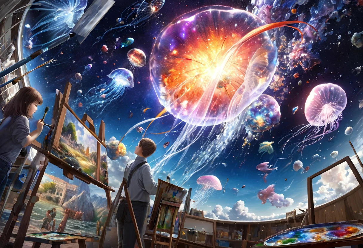 galaxy, rocket, jellyfish, shooting star, HDR, 4k resolution, (painting realistic : 1.3), (ultra high resolution: 1.0 ), (((best quality, 8 thousand, masterpiece:1.4))