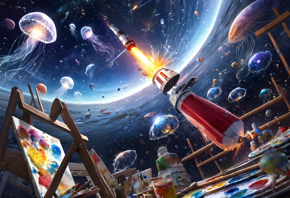 galaxy, rocket, jellyfish, shooting star, HDR, 4k resolution, (painting realistic : 1.3), (ultra high resolution: 1.0 ), (((best quality, 8 thousand, masterpiece:1.4))