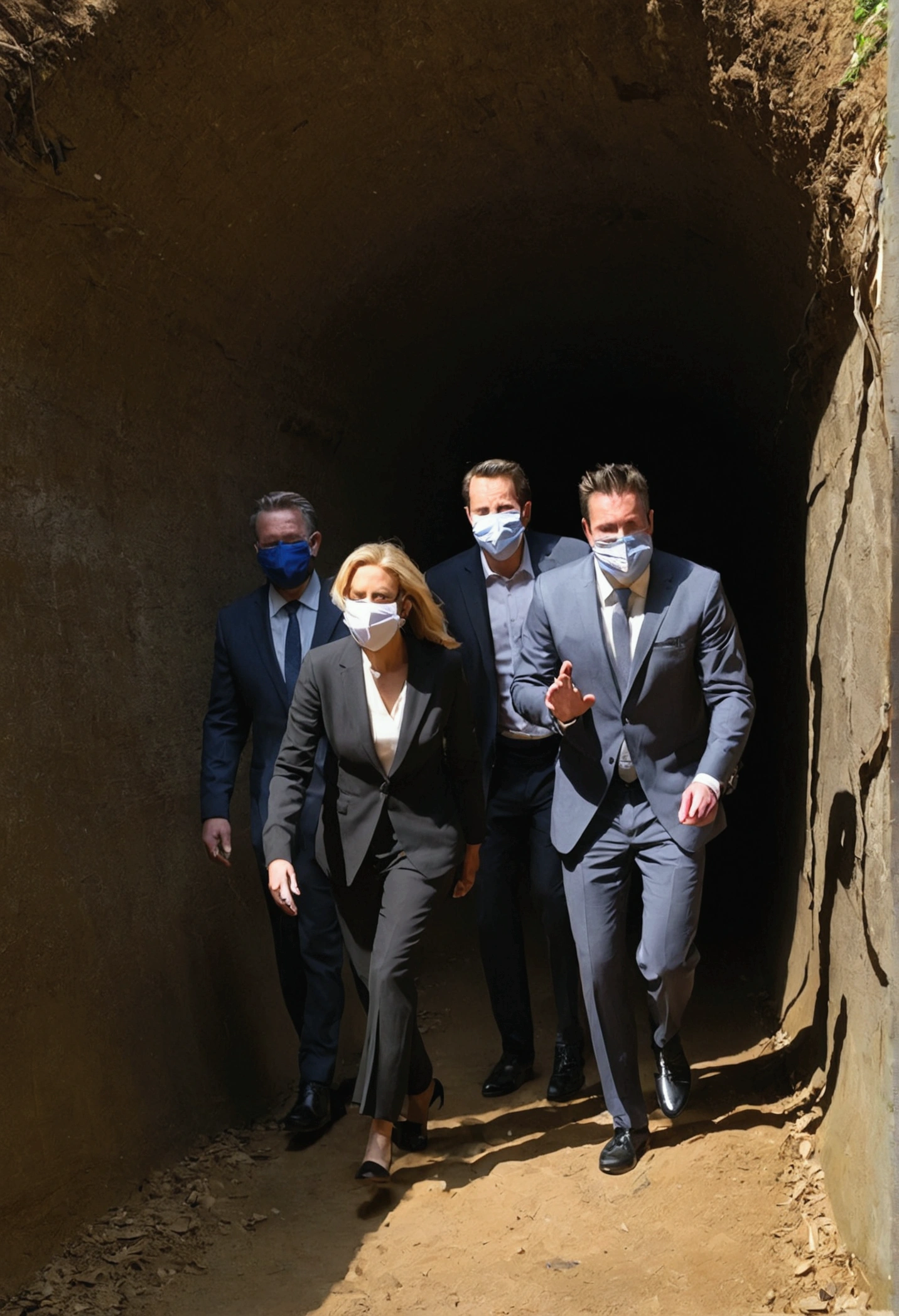 2 men and 2 women mask going down a narrow tunnel