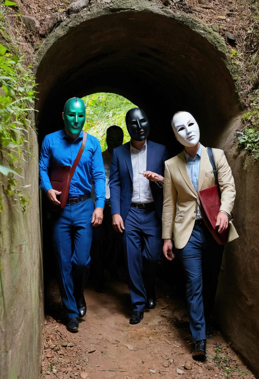 2 men and 2 women mask going down a narrow tunnel