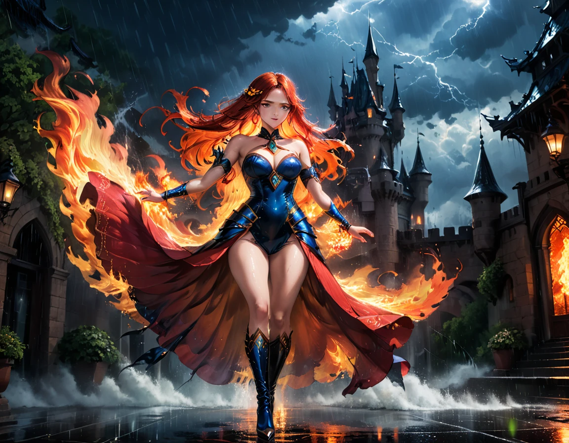 a sorceress of fire making fire dance in a the (storm of rain: 1.3), a most exquisite beautiful sorceress, controlling fire manipulating fire, a woman, dynamic hair color, dynamic hair style, (most beautiful face: 1.3), (ultra detailed face: 1.2), wet hair, wet face, dynamic eyes color, full body shot, wearing dress made of fire, wearing intricate high heels, light make up, dancing in courtyard of a fantasy castle background, ((heavy rain drops: 1.1)), clouds in the sky, (anatomically correct: 1.4), (full body shot: 1.1) , vibrant, Ultra-high resolution, High Contrast, (masterpiece:1.5), highest quality, Best aesthetics), best details, best quality, highres, ultra wide angle, 16k, [ultra detailed], masterpiece, best quality, (extremely detailed),DARK, chumbasket art style