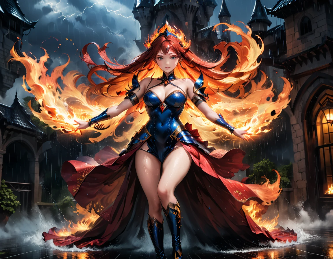 a sorceress of fire making fire dance in a the (storm of rain: 1.3), a most exquisite beautiful sorceress, controlling fire manipulating fire, a woman, dynamic hair color, dynamic hair style, (most beautiful face: 1.3), (ultra detailed face: 1.2), wet hair, wet face, dynamic eyes color, full body shot, wearing dress made of fire, wearing intricate high heels, light make up, dancing in courtyard of a fantasy castle background, ((heavy rain drops: 1.1)), clouds in the sky, (anatomically correct: 1.4), (full body shot: 1.1) , vibrant, Ultra-high resolution, High Contrast, (masterpiece:1.5), highest quality, Best aesthetics), best details, best quality, highres, ultra wide angle, 16k, [ultra detailed], masterpiece, best quality, (extremely detailed),DARK, chumbasket art style